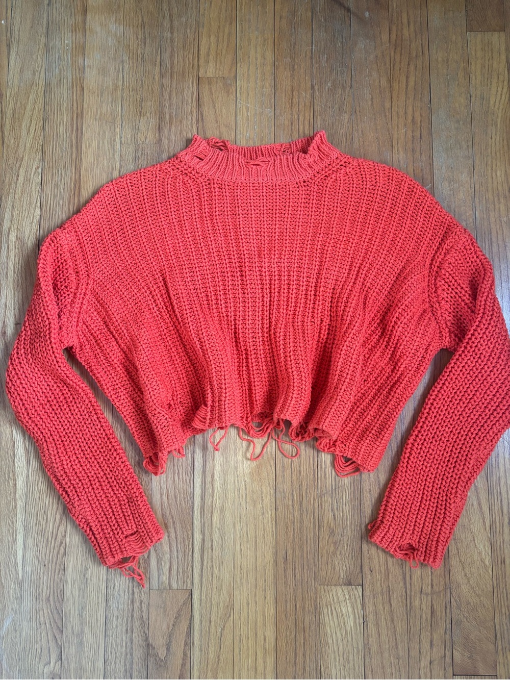 Zara Bright Orange Cropped Distressed Knit Sweater